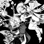  1boy 1girl angel_wings anklet armlet armor arms_at_sides behind_another belt black_background bloomers blunt_ends bodysuit bow bracelet branch bridal_gauntlets cape caramelo_game choppy_bangs closed_eyes commentary_request cross-shaped_pupils crossed_bangs detached_sleeves dress eyelashes facing_another feathered_wings feathers gem genshin_impact greyscale hair_between_eyes hair_ornament half-closed_eyes hand_on_another's_face heart heart_hair_ornament highres holding japanese_armor japanese_clothes jewelry juban kimono kote leaf long_hair looking_at_another mandarin_collar middle_ring monochrome nahida_(genshin_impact) open_clothes open_hands open_kimono parted_lips pointy_ears pom_pom_(clothes) rope scaramouche_(genshin_impact) short_dress shorts side_cape side_ponytail sidelocks socks sprout stirrup_footwear symbol-shaped_pupils tassel toes tsurime unconscious vision_(genshin_impact) wanderer_(genshin_impact) wings 