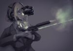  1girl b-luck_coffee blazer collared_shirt earpiece firing gun hair_bun handgun highres holding holding_gun holding_weapon jacket long_sleeves necktie night_vision original pant_suit pants red_dot_sight shell_casing shirt single_hair_bun solo suit suppressor weapon 