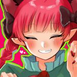  1girl animal_ears blush bow braid cat_ears claw_pose closed_eyes extra_ears fingernails grin heart kaenbyou_rin kashiwara_mana nail_polish outline pink_background pointy_ears portrait red_hair red_nails simple_background smile touhou twin_braids 