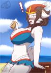 anthro beach big_breasts bikini breasts cinderace clothing dessert fan_character female female_anthro food generation_8_pokemon hi_res ice_cream looking_at_viewer mature_anthro mature_female nintendo pok-zone pokemon pokemon_(species) solo swimwear two-piece_swimsuit