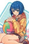  1girl bag ball bird blue_eyes blue_hair blush brown_shorts commentary_request hands_up highres hood hood_down hooded_jacket interlocked_fingers jacket kimi_to_tsumugu_precious_memories_(project_sekai) kiritani_haruka long_sleeves looking_at_viewer official_alternate_costume own_hands_together parted_lips penguin project_sekai shoes short_hair shorts sidelocks sitting smile solo uminokaisen volleyball_(object) wariza yellow_jacket 