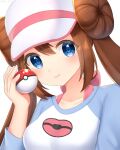  1girl bangs banned_artist blue_eyes bow breasts brown_hair closed_mouth collarbone commentary_request double_bun doughnut_hair_bun hair_bun hand_up head_tilt highres holding holding_poke_ball long_hair looking_at_viewer pink_bow poke_ball poke_ball_(basic) pokemon pokemon_(game) pokemon_bw2 raglan_sleeves rosa_(pokemon) shirt smile solo takahara twintails upper_body visor_cap 
