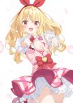  1girl :d aikatsu! aikatsu!_(series) blonde_hair bow bow_hairband commentary_request cowboy_shot dot_nose falling_petals four-finger_heart_hands frilled_cuffs frilled_skirt frilled_sleeves frills hair_bow hairband heart heart_hands highres hoshimiya_ichigo idol idol_clothes kani_biimu lapels layered_skirt light_blush long_bangs long_hair miniskirt notched_lapels petals pink_shoes pink_skirt pink_vest plaid_clothes plaid_skirt red_bow red_eyes red_hairband shirt shoes short_sleeves skirt smile socks solo standing standing_on_one_leg straight_hair vest vest_bow white_background white_shirt white_socks white_wrist_cuffs wrist_cuffs 