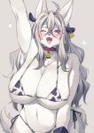  &lt;3 ahoge animal_print anthro bell bell_collar big_breasts bikini biped blush breasts canid canine canis cheek_tuft clothing collar cow_print ear_tag facial_tuft fake_cow_ears fake_cow_horns fake_ears fake_horns female front_view fur gesture grey_body grey_fur grey_hair hair hi_res long_hair looking_at_viewer mammal micro_bikini navel neck_tuft one_eye_closed open_mouth open_smile portrait purple_eyes sgsix simple_background smile solo swimwear teeth three-quarter_portrait tuft waving wink wolf 