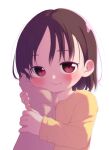  1boy 1girl age_difference blush brown_hair commentary_request hand_on_another's_cheek hand_on_another's_face highres holding_another's_wrist looking_at_viewer miyasaka_takaji original pov red_eyes short_hair smile upper_body 