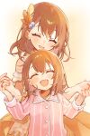  2girls ^_^ absurdres age_difference aged_down armband blush_stickers brown_hair buttons child closed_eyes diamond_(gemstone) diamond_hair_ornament dot_nose dress dual_persona eyelashes feather_hair_ornament feathers fingernails frilled_armband frilled_dress frills gradient_background haikei_ano_koro_no_watashi_e_(project_sekai) hair_behind_ear hair_between_eyes hair_ornament hairclip hanasato_minori hands_up happy height_difference highres holding_hands interlocked_fingers laughing light_blush light_particles medium_hair multiple_girls orange_background orange_dress orange_feathers orange_theme pajamas parted_lips pink_pajamas project_sekai side_slit simple_background sleeveless sleeveless_dress smile star_(symbol) star_button striped_clothes striped_pajamas swept_bangs time_paradox uminokaisen upper_body vertical-striped_clothes vertical-striped_pajamas 