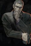  1boy artist_name black_background commentary cropped_torso formal grey_hair grey_suit hand_up highres long_sleeves looking_at_viewer male_focus mature_male original redsakaone scar scar_on_cheek scar_on_face short_hair simple_background solo suit symbol-only_commentary 
