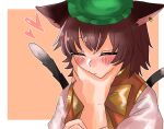  1boy 1girl animal_ears bow brown_hair cat_ears cat_tail chen closed_eyes earrings green_headwear hat heart hetero highres jewelry kashiwara_mana multiple_girls multiple_tails nekomata pov pov_hands ring single_earring solo_focus tail touhou two_tails 