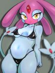  2_tails anthro biped blue_body bra clothing erect_nipples eyelashes female g-string generation_4_pokemon hi_res legendary_pokemon mesprit multi_tail navel nintendo nipples pepper_gomashio pokemon pokemon_(species) red_body shadow simple_background smile solo underwear video_games yellow_eyes 