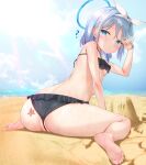  1girl ? arona_(blue_archive) ass bangs beach bikini blue_archive blue_eyes blue_hair blush bow braid breasts feet frilled_bikini frills goldowl hair_over_one_eye hairband halo highres looking_at_viewer multicolored_hair parted_lips partially_visible_vulva pink_hair ribbon sand short_hair small_breasts soles solo starfish swimsuit 