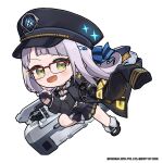  1girl blush chibi coat coat_on_shoulders commentary english_commentary fingerless_gloves floating_hair glasses gloves goddess_of_victory:_nikke green_eyes grey_hair gun hair_ornament hairclip hat high-waist_skirt high_heels highres long_hair long_sleeves looking_at_viewer neon_(nikke) neon_(vision_eye)_(nikke) no_nose official_art open_mouth panty_straps pleated_skirt semi-rimless_eyewear shoes skirt smile solo totatokeke v-shaped_eyebrows weapon 