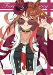  1girl absurdres animal_ears black_shirt bracelet braid breasts brown_hair character_name choker closed_mouth commentary_request ears_through_headwear fedora forever_young_(racing)_(umamusume) forever_young_(umamusume) green_choker green_eyes hat highres horse_ears horse_girl innocent_iru816 jacket jewelry long_hair looking_at_viewer medium_breasts midriff multicolored_hair necktie one_eye_closed red-tinted_eyewear red_jacket red_streaks ring shirt smile solo star_(symbol) streaked_hair sunglasses tinted_eyewear tongue tongue_out umamusume upper_body white_necktie white_streaks 