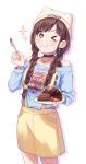  &gt;_o 1girl ;t animal_hat bangs bare_shoulders beanie black_choker blue_shirt bracelet breasts brown_hair cake choker closed_mouth clothes_writing commentary_request food food_in_mouth food_on_face fork fruit hat highres holding holding_fork holding_plate idolmaster idolmaster_shiny_colors jewelry long_sleeves looking_at_viewer nail_polish necklace off-shoulder_shirt off_shoulder one_eye_closed orange_eyes overall_skirt plate shirt smile solo sonoda_chiyoko soramame_tomu sparkle strawberry twitter_username white_headwear yellow_overalls 
