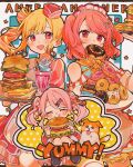  1other 2girls akiyama_mizuki apron blonde_hair blush bow burger commentary_request dog donut dotabata_cafe_rec!!_(project_sekai) food hair_bow highres looking_at_viewer maid_headdress medium_hair milkshake momoi_airi multicolored_hair multiple_girls official_alternate_costume official_alternate_hairstyle pink_eyes pink_hair plaid_bow plate project_sekai red_bow side_ponytail star-shaped_food star_(symbol) streaked_hair tenma_saki tray twintails two_side_up uminokaisen waitress 