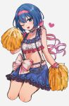  1girl ;d belt_bow blue_choker blue_eyes blue_hair blue_shorts blue_skirt breasts cheerleader choker collarbone commentary_request cowboy_shot crop_top cropped_legs frilled_choker frills hairband hashire!_taiikumatsuri!_~jikkou_iin_wa_ooisogashi~_(project_sekai) heart highres holding holding_pom_poms kiritani_haruka looking_at_viewer miniskirt navel official_alternate_costume one_eye_closed pom_pom_(cheerleading) project_sekai short_hair shorts simple_background skirt smile solo standing suspender_skirt suspenders uminokaisen white_background 