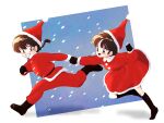  1boy 1girl :d black_boots black_gloves blue_background boots braid brown_hair christmas commentary_request dress fur-trimmed_dress fur-trimmed_headwear fur_trim gloves grin hat highres holding_hands leg_up open_mouth punch121ykk ranma_1/2 red_dress running santa_costume santa_dress santa_hat saotome_ranma short_hair single_braid smile tendou_akane 