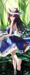  1girl absurdres alternate_costume animal_ears answering barefoot blue_dress breasts brown_hair clothes_lift cross-laced_dress dress dress_lift feet frilled_dress frills highres horse_ears horse_girl horse_tail large_breasts long_hair looking_at_viewer mejiro_dober_(umamusume) outdoors pond purple_eyes solo tail tail_through_clothes umamusume 