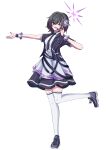  1girl @_@ absurdres alternate_costume black_jacket black_necktie blue_archive brown_hair commentary_request halo headset highres idol jacket korean_commentary medium_hair necktie one_eye_closed open_mouth purple_eyes purple_halo shirt simple_background smile solo subaru_(blue_archive) suel_(pixiv_105342121) thighhighs thighs white_background white_shirt white_thighhighs 