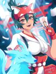  1girl artist_name blue_fur blue_sky blurry blurry_background bow breasts brown_eyes facial_mark fingerless_gloves fox fox_mask gloves green_hair hair_between_eyes hair_bow half_mask high_ponytail highres holding holding_paper index_finger_raised japanese_clothes kimono kiriko_(overwatch) light_rays looking_at_viewer mask medium_breasts miko mingway multiple_torii ofuda open_mouth outdoors overwatch overwatch_2 paper petting red_gloves short_sleeves signature sky smile solo sunlight teeth torii upper_body upper_teeth white_bow white_kimono 
