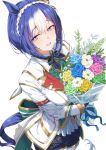  1girl animal_ears birthday black_shorts blue_hair blue_tail blush bouquet bright_pupils cesario_(future_weaver)_(umamusume) cesario_(umamusume) commentary_request gold_trim hair_between_eyes happy_birthday highres holding holding_bouquet horse_ears horse_girl jacket kagari_liroi long_sleeves looking_at_viewer multicolored_hair open_mouth purple_eyes short_hair short_shorts shorts simple_background smile solo streaked_hair umamusume white_background white_jacket white_pupils white_streaks 