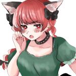  1girl animal_ears annoyed black_bow bow braid breasts cat_ears collar dress earrings extra_ears fang green_dress hair_bow highres jewelry kaenbyou_rin kashiwara_mana large_breasts nail_polish puffy_sleeves red_eyes red_hair red_nails tail touhou twin_braids upper_body v-shaped_eyebrows 