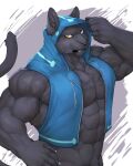  abs anthro black_body black_fur captainjohkid different_colored_sclera felid feline fur hi_res looking_at_viewer male mammal muscular muscular_anthro muscular_male pantherine pecs solo 