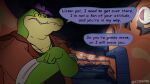  2022 alligator alligatorid anthro brok_(character) brok_the_investigator clothing countershading crocodilian detailed_background dialogue english_text green_body hat headgear headwear humanoid_hands kirbyhat64 male reptile scalie shirt solo text topwear video_games 