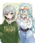  2girls absurdres belt blue_hair blue_skirt brown_belt character_doll commentary_request covering_crotch covering_privates doll drawstring flying_sweatdrops green_eyes green_hoodie grey_hair hat highres hinomori_shiho hinomori_shizuku hood hood_down hoodie jester_cap long_hair long_sleeves multiple_girls off-shoulder_shirt off_shoulder phenny_(project_sekai) project_sekai shirt siblings sisters skirt stuffed_animal stuffed_penguin stuffed_toy uminokaisen very_long_hair white_shirt 