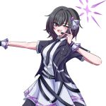  1girl @_@ alternate_costume black_jacket black_necktie blue_archive brown_hair commentary_request halo headset highres idol jacket korean_commentary medium_hair necktie one_eye_closed open_mouth purple_eyes purple_halo shirt simple_background smile solo subaru_(blue_archive) suel_(pixiv_105342121) white_background white_shirt 