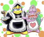 2011 anthro avian bird blush chasoba11 clothed clothing crossdressing dessert duo escargoon food gastropod holding_plate ice_cream japanese_description king_dedede kirby:_right_back_at_ya! kirby_(series) looking_at_viewer maid_uniform male mature_anthro mature_male mollusk nintendo open_mouth overweight overweight_anthro overweight_male pattern_background penguin simple_background snail uniform