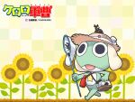  1boy alien beetle black_eyes bottle bug bug_cage butterfly_net colored_skin copyright_name flower frog full_body green_skin hand_net hat keroro keroro_gunsou no_humans official_art official_wallpaper simple_background star_(symbol) sunflower walking water_bottle yoshizaki_mine 