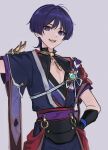  1boy :d absurdres blue_eyes genshin_impact grey_background hair_between_eyes hand_on_hip highres looking_at_viewer male_focus open_mouth purple_eyes purple_hair sash sgm618 short_hair simple_background smile solo wide_sleeves 