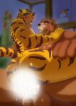  4_fingers 5_fingers anal anal_penetration anthro balls bear blue_eyes brown_body brown_fur bubble_butt butt censored detailed_background duo felid fingers fur genitals juuichi_mikazuki low_res male male/male mammal morenatsu musclegut muscular muscular_male pantherine penetration striped_body striped_fur stripes thirst_face tiger torahiko_ooshima wo 