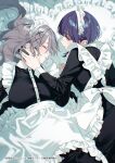  2girls apron black_hair black_nails blush bow chigusa_minori closed_eyes commentary_request ear_piercing frilled_apron frills grey_hair hair_between_eyes hair_ornament hamanasu_ruka hand_on_another's_cheek hand_on_another's_face heart heart-shaped_pillow heart_pirates_jolly_roger highres indoors koutsugou_semi-friend kuruma_suuna logo long_hair long_sleeves lying maid maid_apron maid_headdress multiple_girls nail_polish on_back parted_lips piercing pillow purple_eyes short_hair white_apron white_bow white_headdress x_hair_ornament yuri 