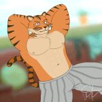  2022 abs animated anthro barazoku beastars bill_(beastars) chest_tuft codawolfex digital_media_(artwork) eyebrows felid fur hair hands_behind_head looking_at_viewer low_res male mammal muscular muscular_anthro muscular_male nipples orange_body orange_fur orange_hair pantherine pixel_(artwork) red_eyes scar shirtless shirtless_male sitting solo solo_focus stripes teeth tiger tuft whiskers 