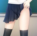  1girl ass_visible_through_thighs black_thighhighs blue_skirt chalkboard classroom clothes_lift commentary_request crotch indoors lifted_by_self miniskirt original pleated_skirt school_uniform serika_p shiny shiny_clothes shiny_skin shirt skindentation skirt skirt_lift solo standing straight-on sweat thighhighs thighs white_shirt 