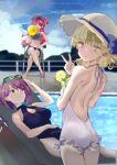  3girls absurdres asami_makiko_(heaven_burns_red) blonde_hair blue_one-piece_swimsuit commentary_request eyewear_on_head food from_behind fruit hat heaven_burns_red highres lemon lemon_slice looking_at_viewer looking_back multiple_girls nanase_nanami_(heaven_burns_red) no53_(pixiv_77486930) one-piece_swimsuit poolside purple_hair red_eyes red_hair short_hair sitting straw_hat swimsuit tezuka_saki v visor_cap 