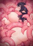  1girl black_hair blush breasts brown_dust_(series) brown_dust_2 censored grabbed_by_tentacles highres large_breasts loen_(brown_dust) long_hair mosaic_censoring nana_merou nipples nude pointy_ears purple_eyes restrained solo spread_legs suction_tentacles tentacle_in_mouth tentacle_pit tentacle_sex tentacles torn_clothes 