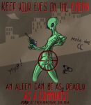  alien alien_humanoid alternate_history butt cold_war crosshair freckles green_body hi_res humanoid humor looking_at_viewer looking_back male poster propaganda pun roswell_grey solo standing taraelblackwing weapon 