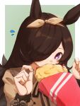  1girl absurdres alternate_costume animal_ears artist_name border bow brown_hair cream cream_on_face crepe dated eating fingernails food food_on_face green_background hair_bow hair_over_one_eye highres horse_ears horse_girl long_hair looking_at_viewer purple_eyes rice_shower_(umamusume) solo sweatdrop umamusume umibudou very_long_hair white_border 