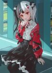  1girl black_choker black_hair black_pantyhose black_skirt choker closed_mouth commentary_request hair_ornament heart heart_hair_ornament highres jacket juice lacrimosa_(neverness_to_everness) long_hair long_sleeves looking_to_the_side multicolored_hair neverness_to_everness off_shoulder open_clothes open_jacket pantyhose red_eyes shirt sidelocks sitting skirt solo tomato_juice twintails two-tone_hair white_hair white_shirt x_hair_ornament youngsok 
