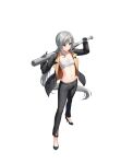  1girl absurdres baseball_bat black_gloves black_jacket black_pants black_shoes chest_sarashi closed_mouth closers expressionless full_body gloves grey_hair hands_up high_heels highres holding holding_baseball_bat jacket long_hair long_sleeves looking_to_the_side low_ponytail navel official_art open_clothes open_jacket over_shoulder pants ponytail red_eyes sarashi shoes simple_background solo stomach tina_(closers) very_long_hair white_background 