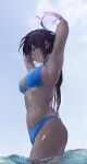  1girl absurdres adjusting_hair bikini black_hair blue_archive blue_bikini breasts dark-skinned_female dark_skin gradient_hair halo highres kamo_(pixiv_14204392) karin_(blue_archive) large_breasts long_hair looking_to_the_side multicolored_hair navel partially_submerged purple_halo solo swimsuit thighs wet yellow_eyes 