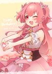  1girl bare_shoulders blush bow bowtie brown_corset buttons commentary_request corset dated detached_sleeves double-breasted fang gem hair_bow happy_birthday heart heart_hands highres idol_clothes momoi_airi one_eye_closed open_mouth orange_gem pink_background pink_bow pink_bowtie pink_eyes pink_hair pink_theme project_sekai shirt short_sleeves single_sleeve skin_fang smile solo two_side_up uminokaisen upper_body white_shirt 