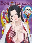  1girl amazon_warrior black_hair blue_eyes blunt_sidelocks blush boa_hancock breasts cape cleavage earrings front_slit highres jewelry large_breasts long_hair long_sleeves one_piece opalpops red_shirt shirt sidelocks smile snake snake_earrings solo upper_body white_cape 