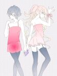  2boys :/ adam's_apple arm_at_side arm_up bare_arms bare_shoulders black_garter_straps black_hair black_pantyhose black_thighhighs camisole closed_mouth collarbone commentary_request crossed_legs dress dual_persona feet_out_of_frame frilled_dress frills garter_straps gatchaman_crowds gatchaman_crowds_insight glasses green_eyes grey_background hair_between_eyes hand_up hayami_sukaruchinofu head_tilt holding honeycomb_(pattern) honeycomb_background long_hair long_sidelocks looking_to_the_side miniskirt multiple_boys nail_polish ninomiya_rui note_(gatchaman_crowds) pantyhose patterned_background pink_dress profile red-framed_eyewear red_camisole red_nails red_ribbon red_skirt ribbon semi-rimless_eyewear short_dress short_hair side_ponytail sidelocks sideways_glance skirt smile standing strap_slip strapless strapless_dress thighhighs under-rim_eyewear very_long_hair waving wrist_ribbon 