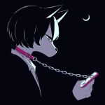  2022 absurd_res ambiguous_gender anthro avogado6 black_background black_hair canid canine chain chain_leash claws collar digital_media_(artwork) finger_claws hair hi_res holding_object holding_phone leash looking_at_object looking_at_phone mammal moon phone simple_background solo 