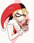  1girl adapted_costume blue_eyes bottle breast_curtains breasts cleavage commentary dc_comics diamond_(shape) domino_mask english_commentary english_text eye_mask harley_quinn highres holding holding_bottle large_breasts looking_at_viewer mask no_gloves pom_pom_(clothes) simple_background smile solo sunset_nivaris upper_body white_background wrist_ruff 