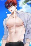  1boy abs absurdres bangs cloud collared_shirt day eyewear_on_head highres large_pectorals male_focus muscular muscular_male navel nipples open_clothes open_mouth open_shirt original outdoors pectorals red_hair shirt short_hair sky smile sunglasses timy505 watch white_shirt wristwatch 