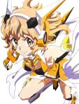  1girl armpits blonde_hair bodysuit boots breasts dutch_angle headgear highres keeemu_(gouf2016) leotard looking_at_viewer medium_breasts scarf senki_zesshou_symphogear short_hair smile solo tachibana_hibiki_(symphogear) thighs white_background white_scarf 